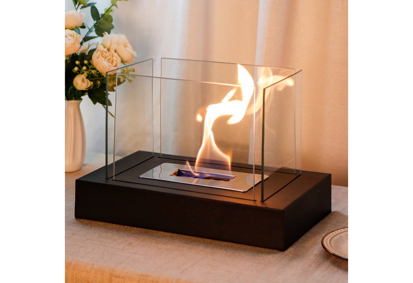 JHY DESIGN Feuerschale 35cm Breite Windlicht Tischkamin Feuerschale aus Metall und Glas, (1-St), für Innen und Außenbereich, Schwarz – Bild 3 von 5