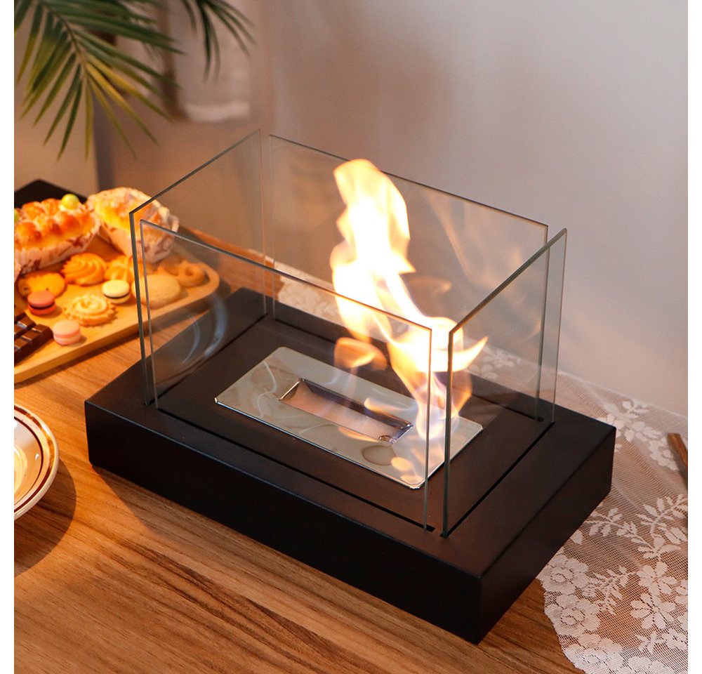 JHY DESIGN Feuerschale 35cm Breite Windlicht Tischkamin Feuerschale aus Metall und Glas, (1-St), für Innen und Außenbereich, Schwarz – Bild 4 von 5