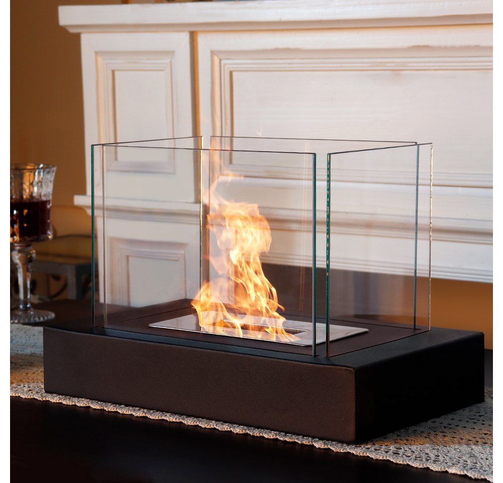 JHY DESIGN Feuerschale 35cm Breite Windlicht Tischkamin Feuerschale aus Metall und Glas, (1-St), für Innen und Außenbereich, Schwarz – Bild 5 von 5
