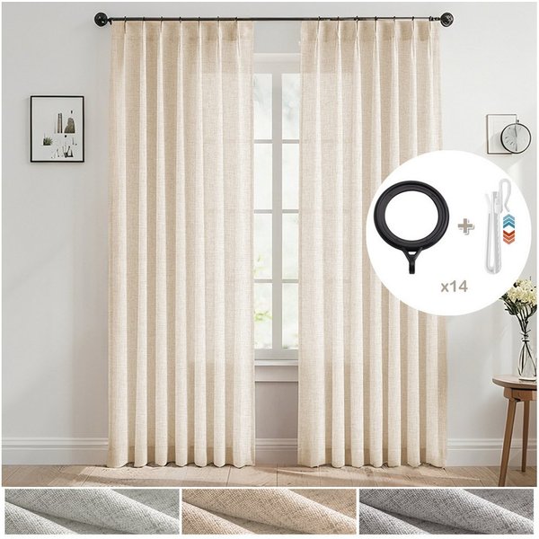 Jibenhome Gardine Plissee-Vorhänge, halbtransparent für Wohnzimmer, 2 Stück, Lichtfilternde Fenstervorhänge Kräuselband mit Quetschfalten