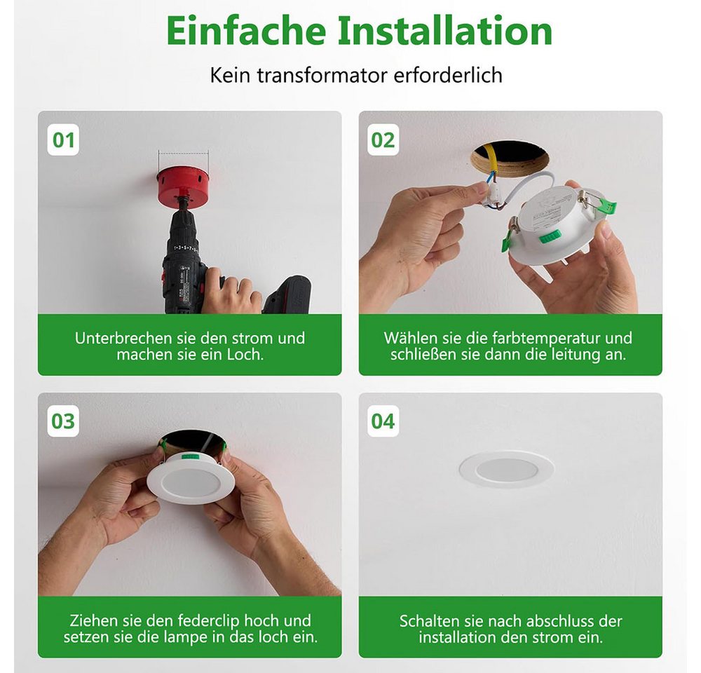 Jibenhome LED Einbauleuchte LED Einbaustrahler 6er-Pack Ultraflache 90mm Einbaustrahler, 7 W, Wasserabweisend, LED fest integriert, für Wohnzimmer, Büro – Bild 5 von 5