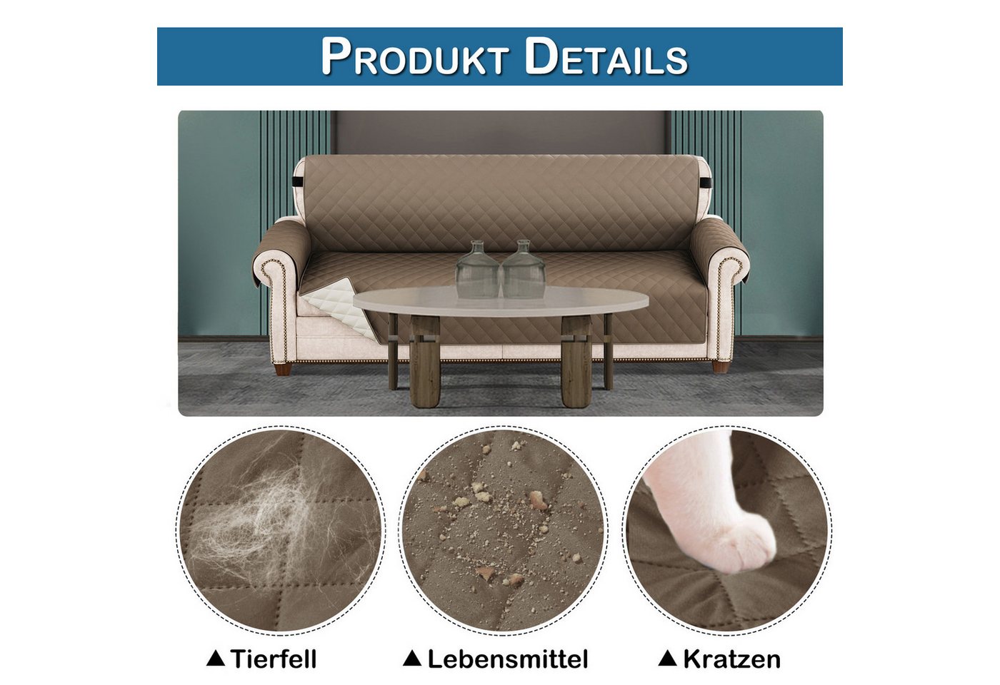 Jibenhome Sofahusse Gesteppter Sofabezug Armlehnen, Doppelseitig Sofaschoner mit Gummiband, Wasserdicht und Rutschfest – Bild 4 von 5