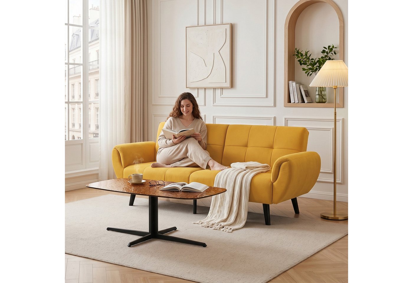 Jiexi 3-Sitzer Modernes Sofa aus Leinenstoff, 3-Sitzer-Couch mit Massivholzbeinen – Bild 2 von 5