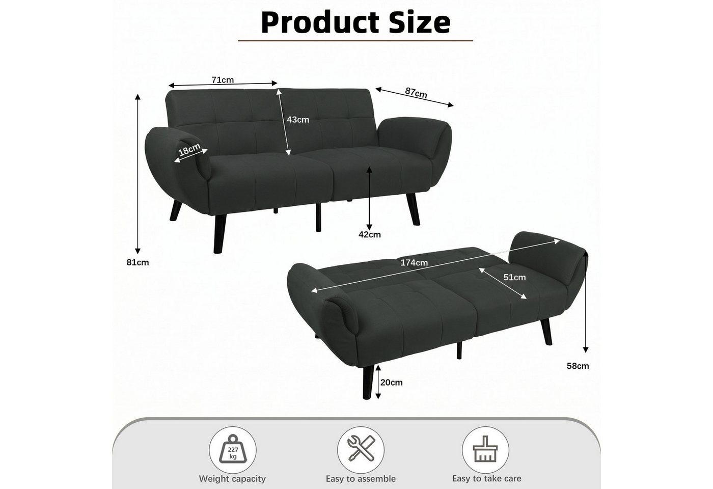 Jiexi 3-Sitzer Sofa Mit Schlaffunktion, Klappsofa Sofa 3 Sitzer, Geeignet Wohnzimmer – Bild 2 von 5