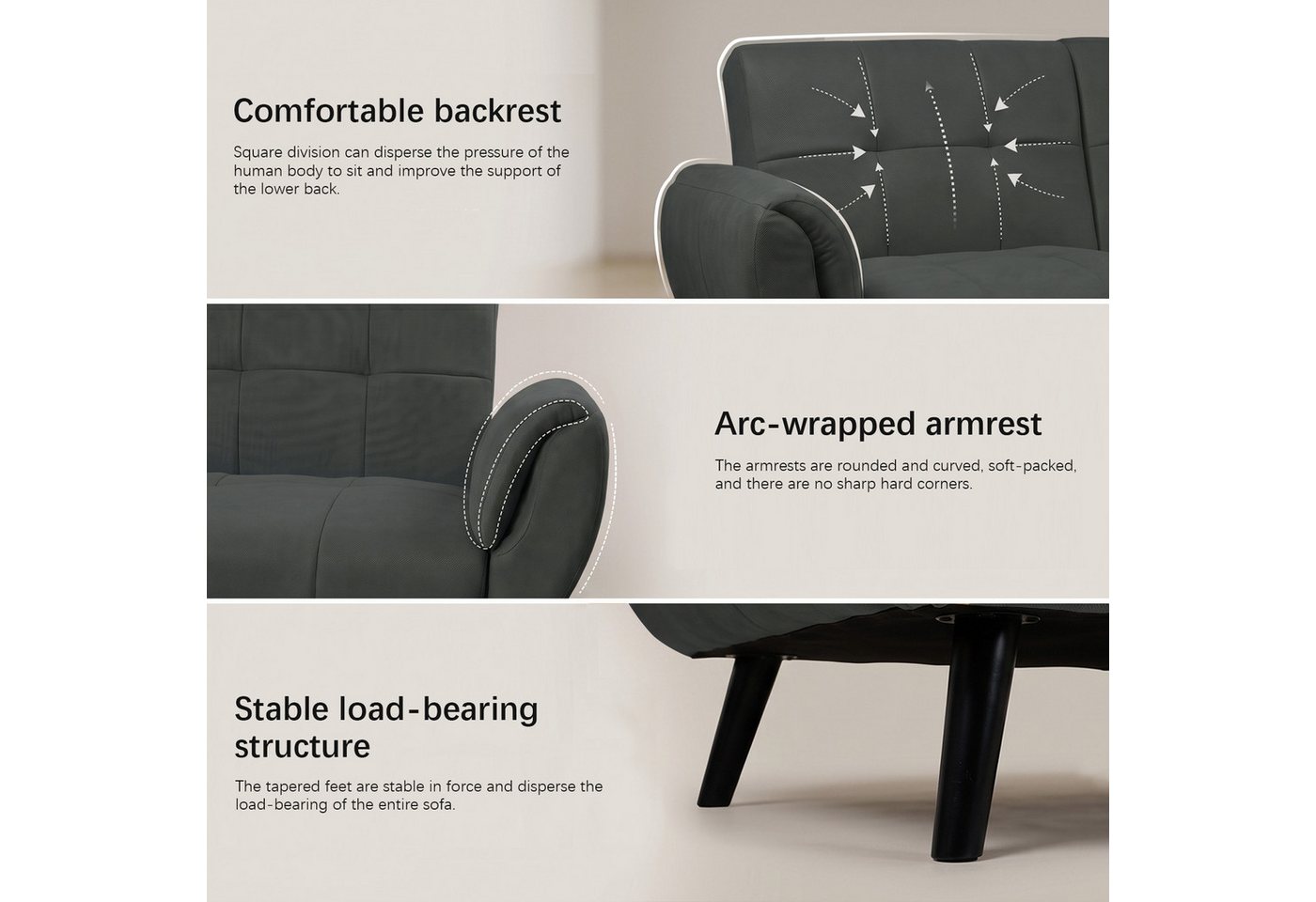 Jiexi 3-Sitzer Sofa Mit Schlaffunktion, Klappsofa Sofa 3 Sitzer, Geeignet Wohnzimmer – Bild 3 von 5