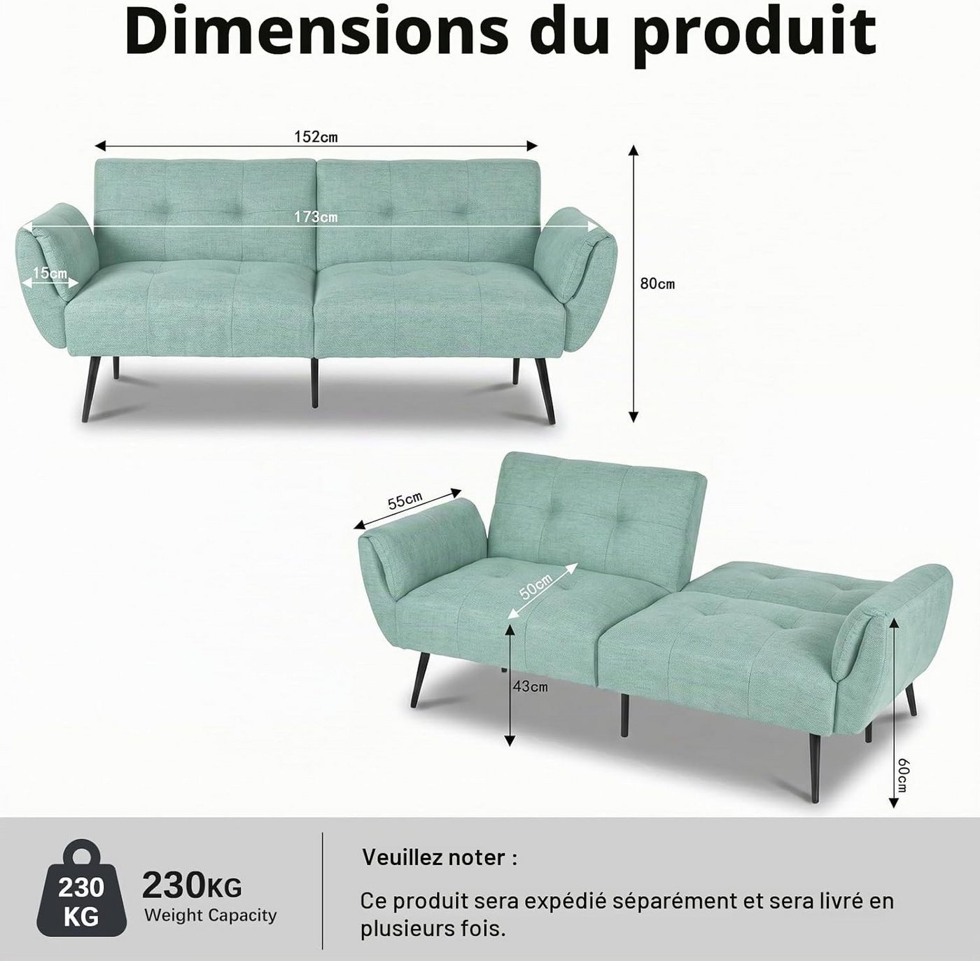 Jiexi 3-Sitzer Sofa Mit Schlaffunktion, Klappsofa Sofa 3 Sitzer, Geeignet Wohnzimmer – Bild 2 von 5