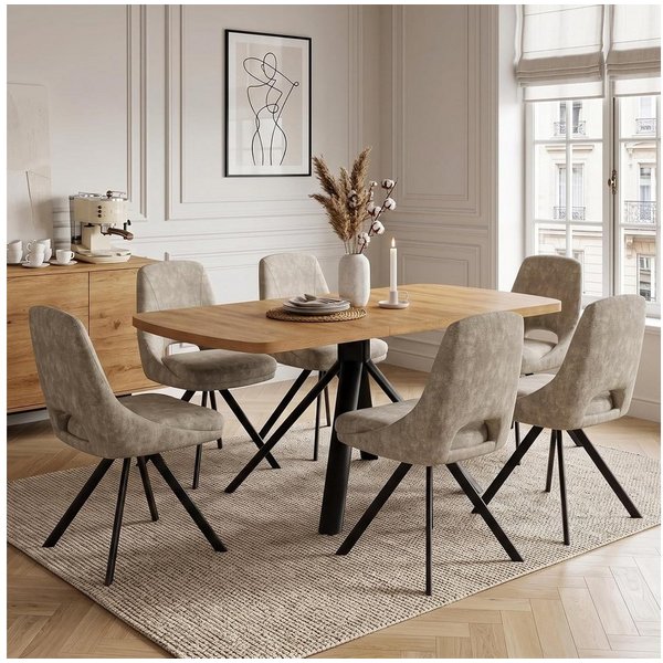 Jiexi Essgruppe Ausziehbare Essgruppe, Holzoptik mit [Esstisch + 6 Lightcoffee Stühle]