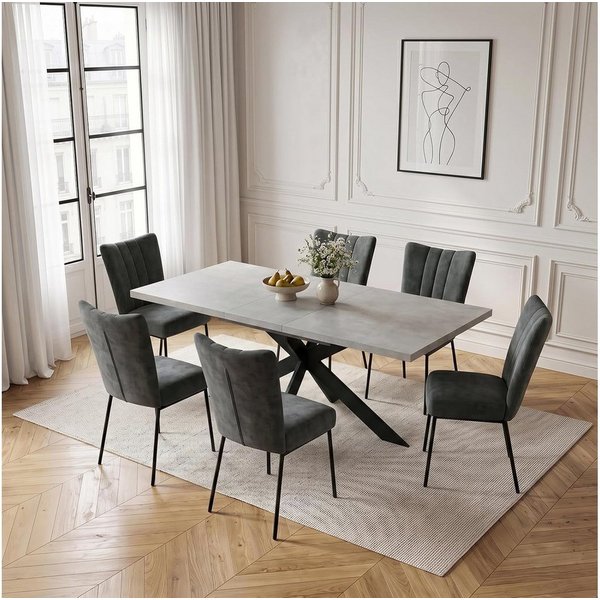 Jiexi Essgruppe Essgruppe: Ausziehtisch 130-170cm, X-Gestell, 4-6 Samtstühle