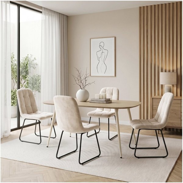 Jiexi Essgruppe Esstisch Set 120x69 MDF Eichenoptik Essgruppe mit Flanell Stühlen