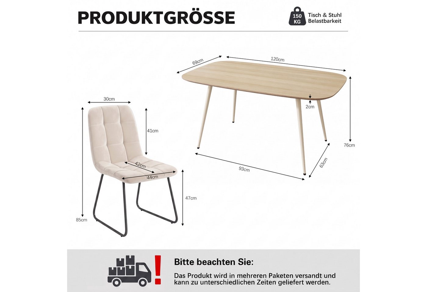 Jiexi Essgruppe Esstisch Set 120x69 MDF Eichenoptik Essgruppe mit Flanell Stühlen – Bild 3 von 5