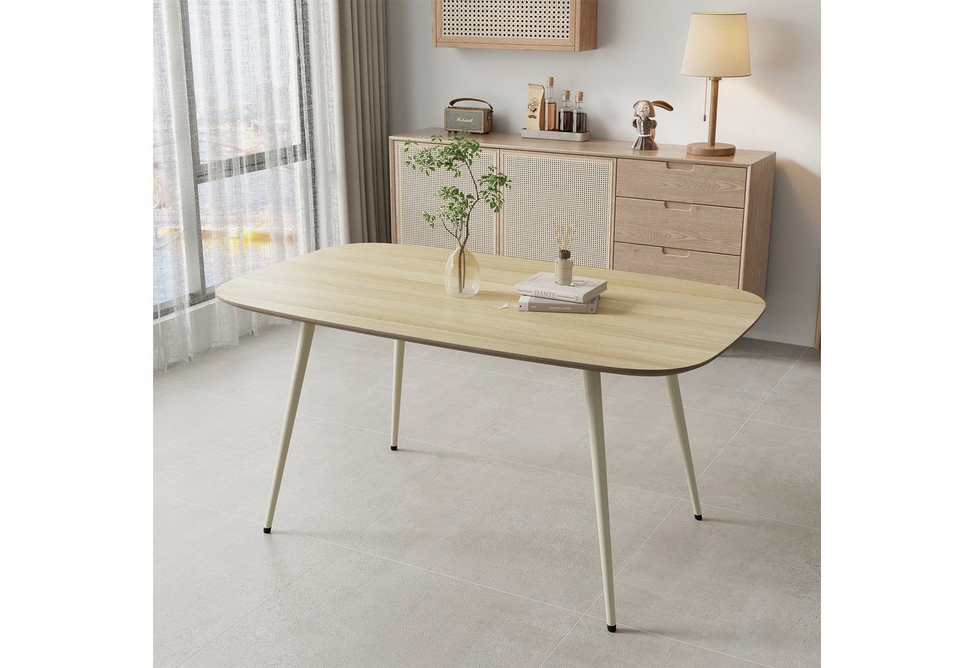 Jiexi Essgruppe Esstisch Set 120x69 MDF Eichenoptik Essgruppe mit Flanell Stühlen – Bild 4 von 5