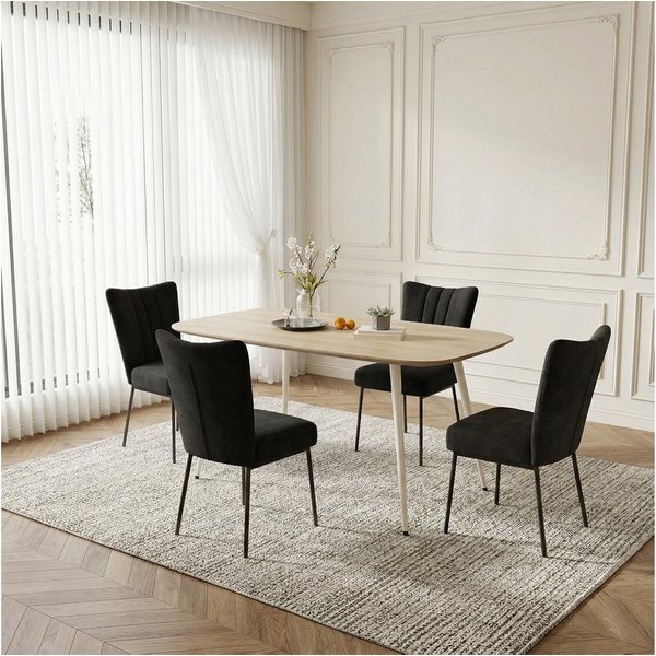 Jiexi Essgruppe Esstisch Set 5-teilig 120x69 MDF Eichenoptik Kombi mit Samt Stühlen