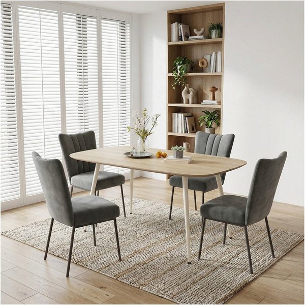 Jiexi Essgruppe Esstisch Set 5-teilig 120x69 MDF Eichenoptik Kombi mit Samt Stühlen