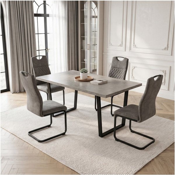 Jiexi Essgruppe Essgruppe fest 110x70 MDF Grau Tisch Set mit Hightech-Stoff Stühlen