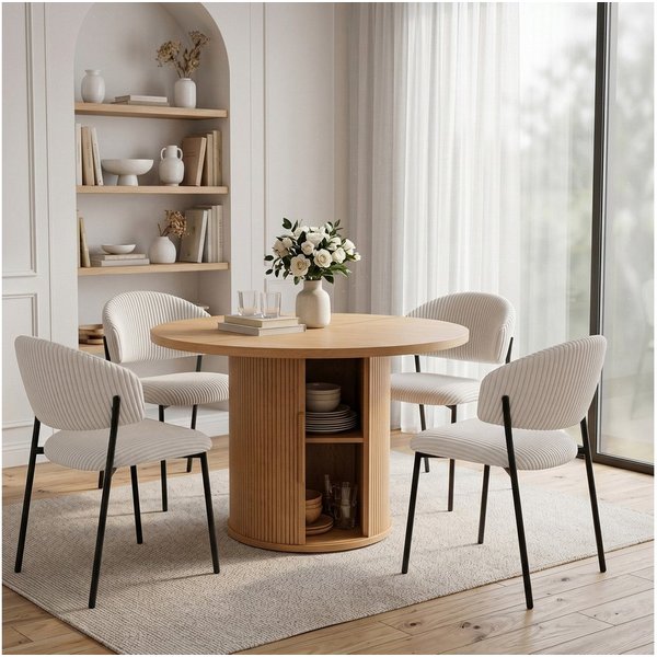 Jiexi Essgruppe Essgruppe rund Ø110cm MDF Eiche mit Stauraum & Cord-Stühlen