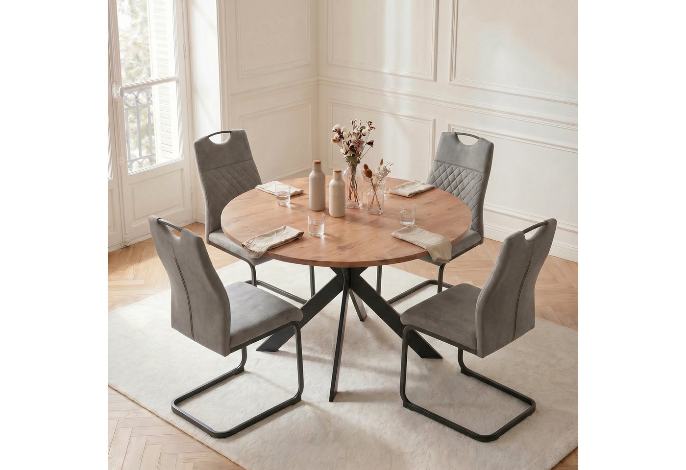 Jiexi Essgruppe Runder Esstisch 110cm MDF Eiche Set mit 4 Hightech Freischwinger – Bild 2 von 5