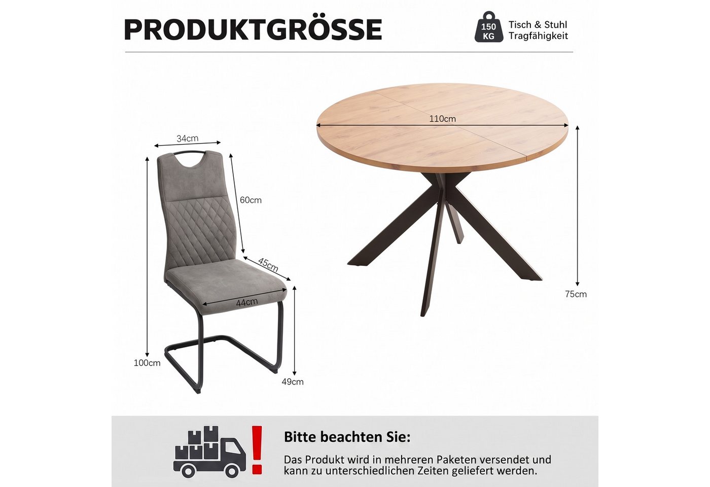 Jiexi Essgruppe Runder Esstisch 110cm MDF Eiche Set mit 4 Hightech Freischwinger – Bild 3 von 5