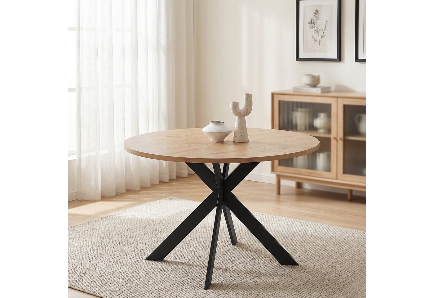 Jiexi Essgruppe Runder Esstisch 110cm MDF Eiche Set mit 4 Hightech Freischwinger – Bild 4 von 5