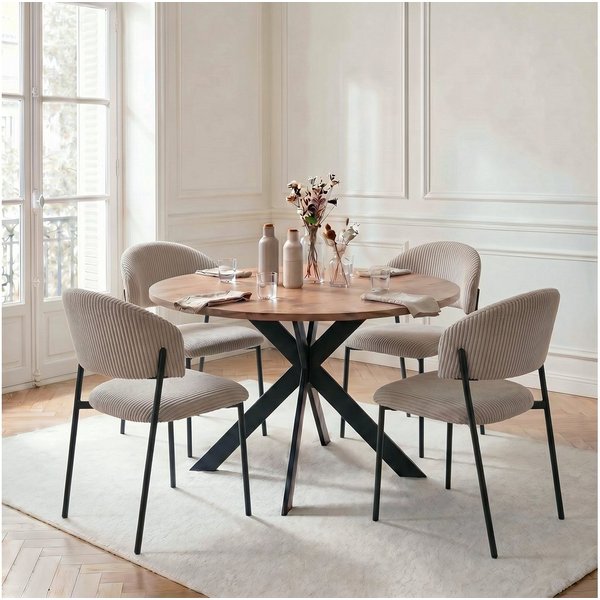 Jiexi Essgruppe Runder Esstisch 110cm MDF Set mit 4 Cord Stühlen Kreuzgestell