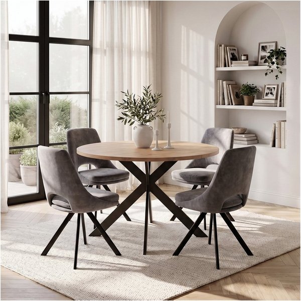 Jiexi Essgruppe Essgruppe Runder Tisch Ø 115cm Eiche Sternfuß & Flanell Stühle