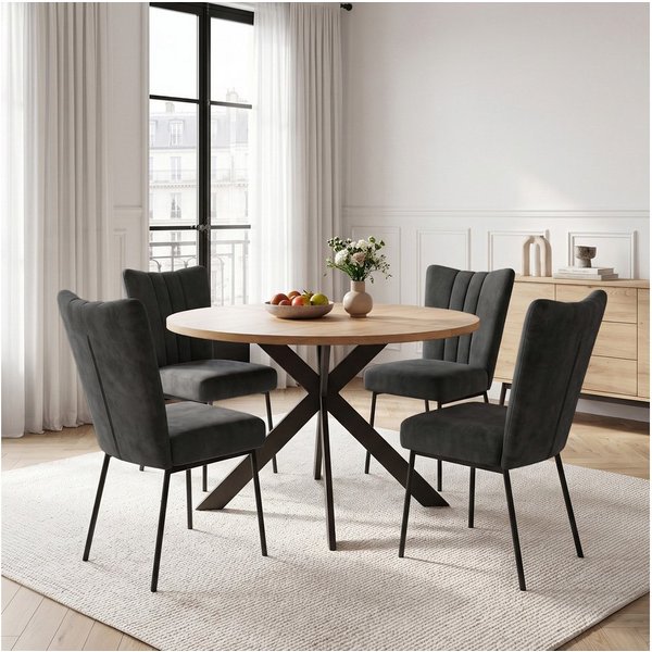 Jiexi Essgruppe Essgruppe Runder Tisch Ø 115cm Eiche Sternfuß & Samt Stühle