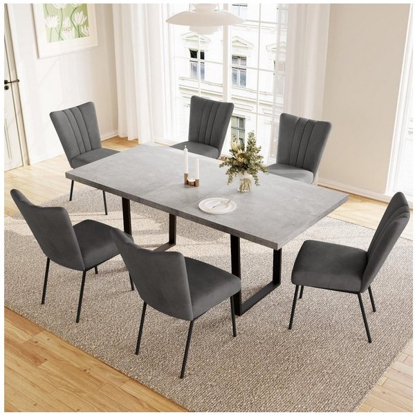 Jiexi Essgruppe Tisch-und Stuhlset, Ausziehbarer Esstisch (130–170 cm) mit 4-6 Stühlen