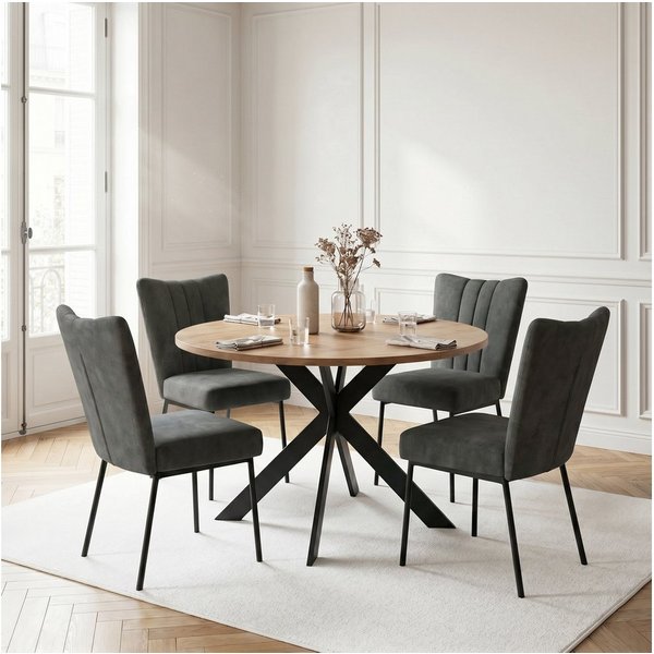 Jiexi Essgruppe Tisch- und Stuhlset, Runder Esstisch (115×75 cm) mit 4 Stühlen