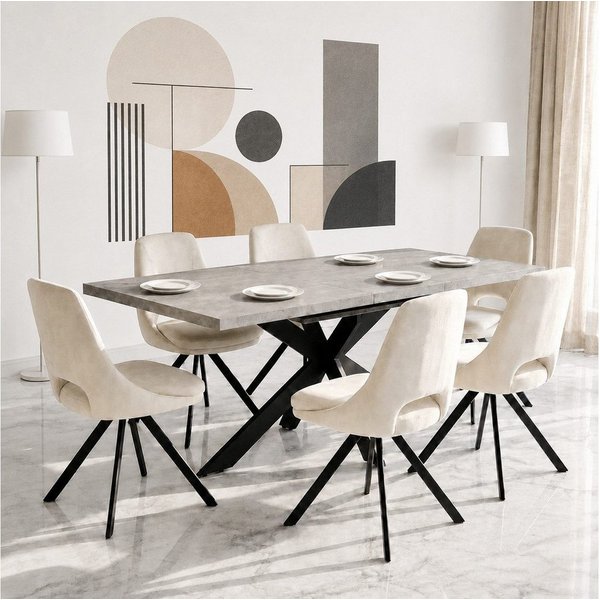 Jiexi Essgruppe Tisch-und Stuhlset, Ausziehbarer Esstisch (130–170 cm) mit 4-6 Stühlen