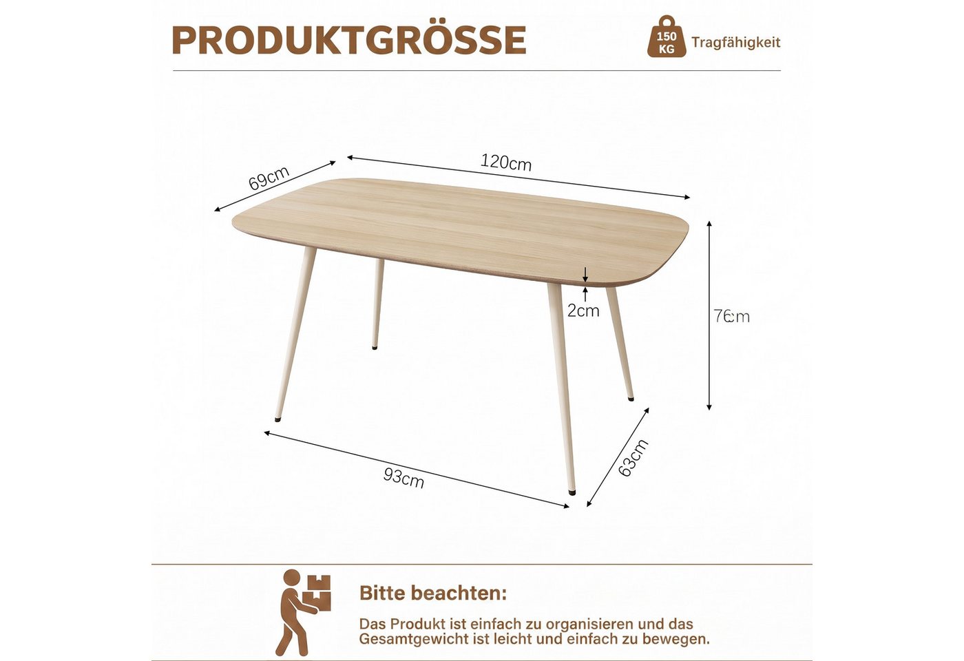 Jiexi Esstisch Moderner Esstisch 120x69 MDF Eichenoptik mit verstellbaren Beinen – Bild 3 von 5