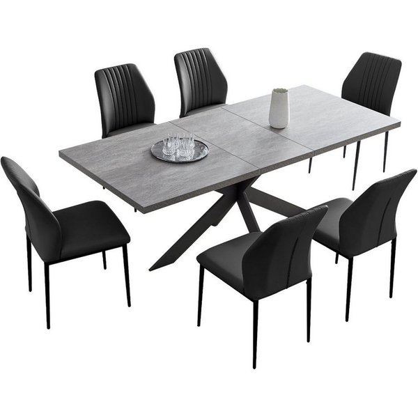 Jiexi Esstisch Tisch-und Stuhlset, Ausziehbarer Esstisch (130–170 cm) mit 4-6 Stühlen, ausziehbarer, hohe Härte, für 6 Personen