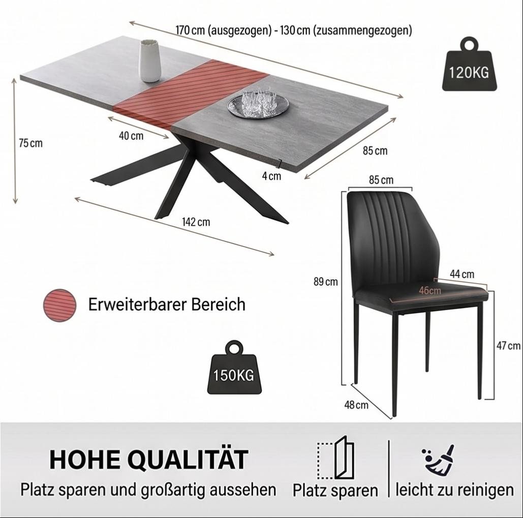 Jiexi Esstisch Tisch-und Stuhlset, Ausziehbarer Esstisch (130–170 cm) mit 4-6 Stühlen, ausziehbarer, hohe Härte, für 6 Personen – Bild 2 von 5