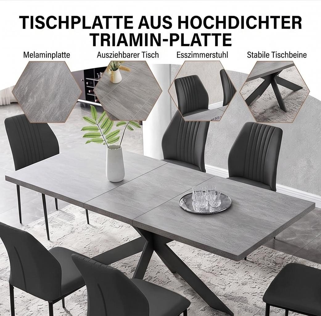 Jiexi Esstisch Tisch-und Stuhlset, Ausziehbarer Esstisch (130–170 cm) mit 4-6 Stühlen, ausziehbarer, hohe Härte, für 6 Personen – Bild 3 von 5