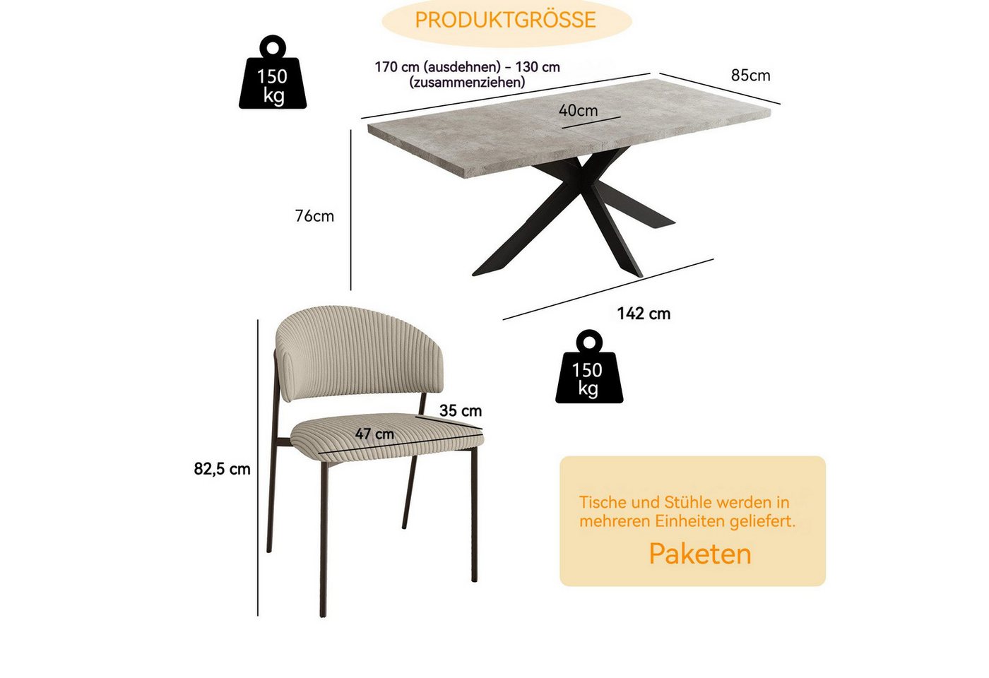 Jiexi Esstisch Tisch-und Stuhlset, Ausziehbarer Esstisch (130–170 cm) mit 4-6 Stühlen, ausziehbarer, hohe Härte, für 6 Personen – Bild 3 von 5