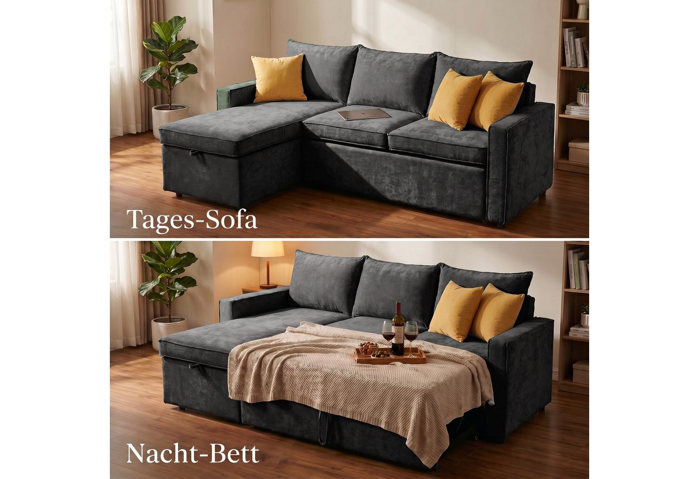 Jiexi Schlafsofa Ecksofa mit Schlaffunktion Chenille L-Form Sofa Bettkasten – Bild 2 von 5
