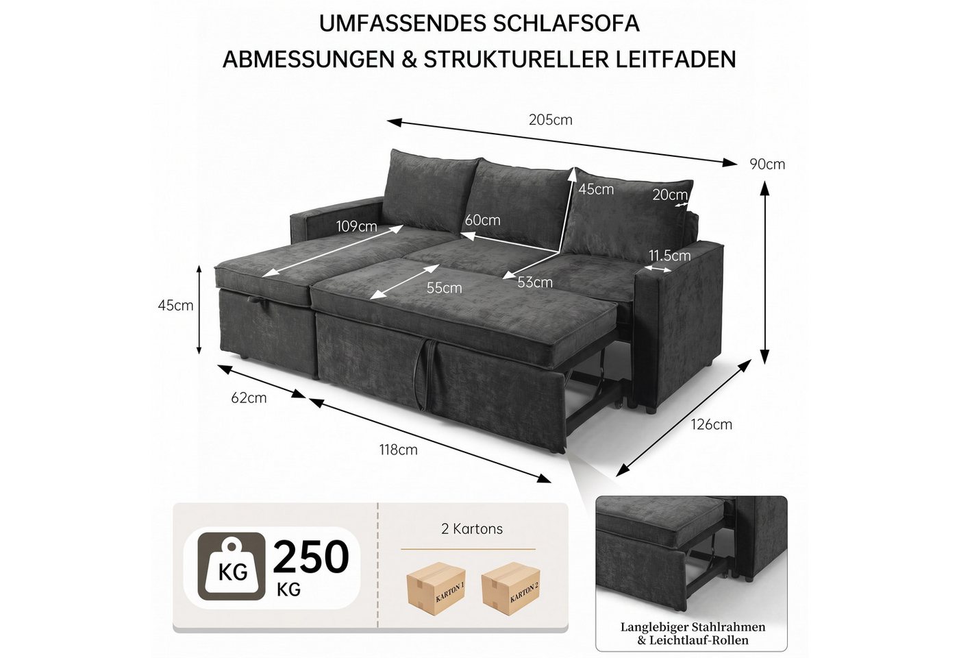 Jiexi Schlafsofa Ecksofa mit Schlaffunktion Chenille L-Form Sofa Bettkasten – Bild 3 von 5