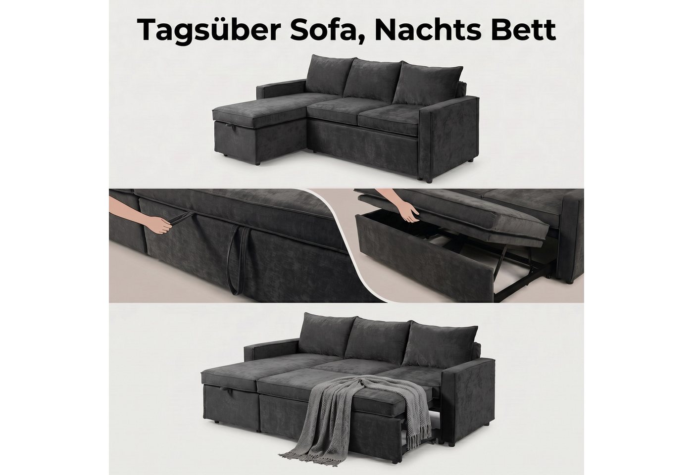 Jiexi Schlafsofa Ecksofa mit Schlaffunktion Chenille L-Form Sofa Bettkasten – Bild 5 von 5