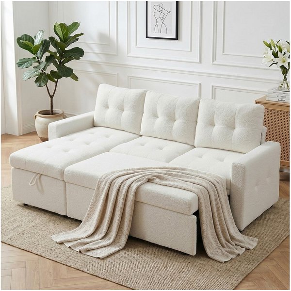 Jiexi Schlafsofa Ecksofa mit Schlaffunktion Teddy-Fleece L-Form Sofa Bettkasten