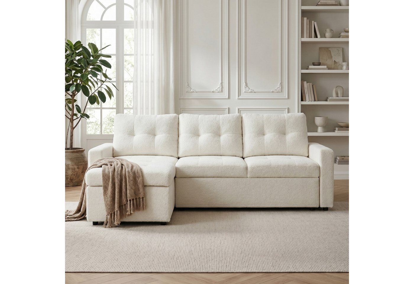 Jiexi Schlafsofa Ecksofa mit Schlaffunktion Teddy-Fleece L-Form Sofa Bettkasten – Bild 2 von 5