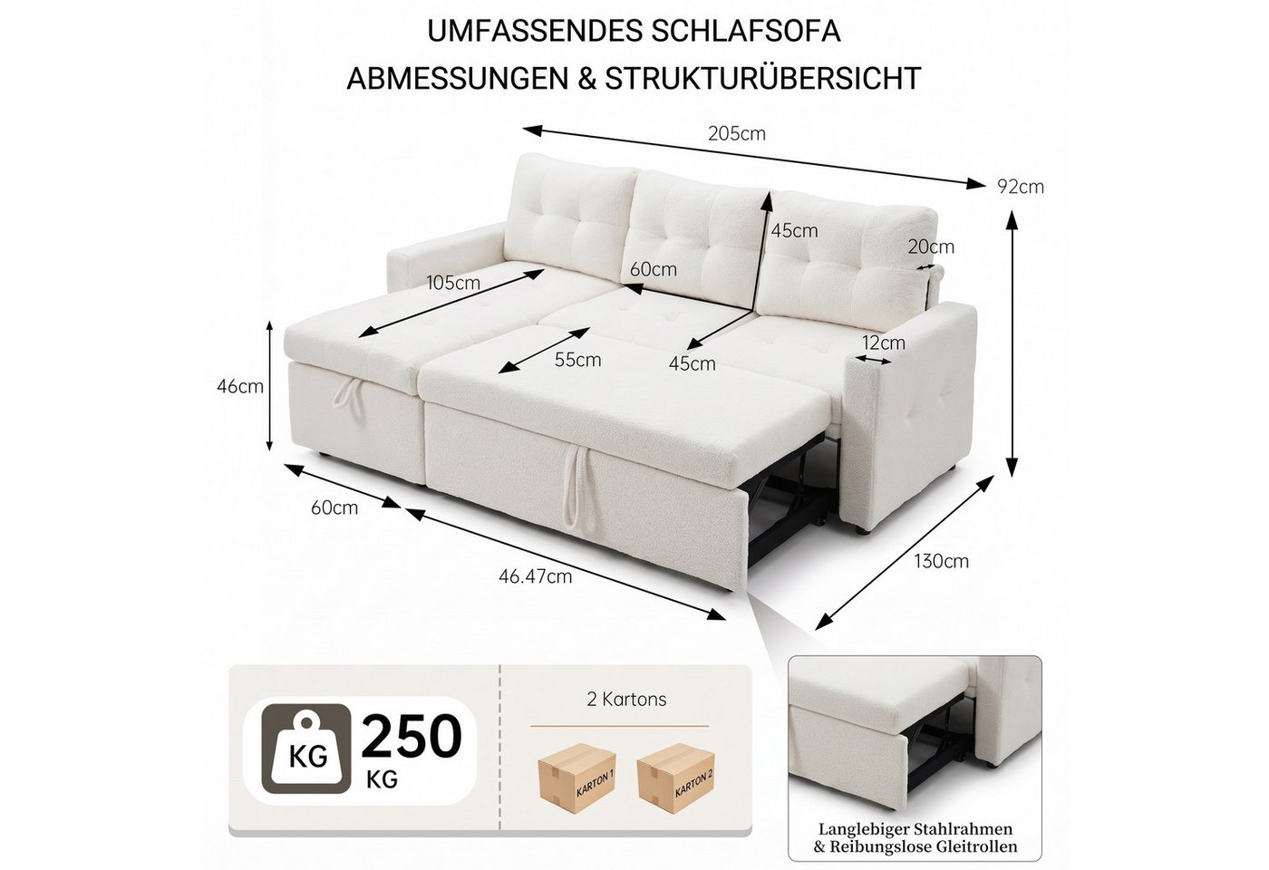 Jiexi Schlafsofa Ecksofa mit Schlaffunktion Teddy-Fleece L-Form Sofa Bettkasten – Bild 3 von 5