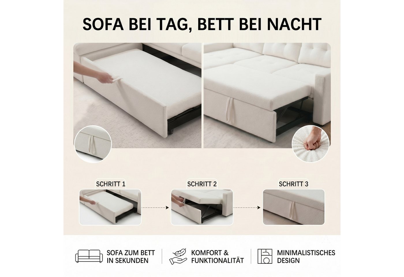 Jiexi Schlafsofa Ecksofa mit Schlaffunktion Teddy-Fleece L-Form Sofa Bettkasten – Bild 5 von 5