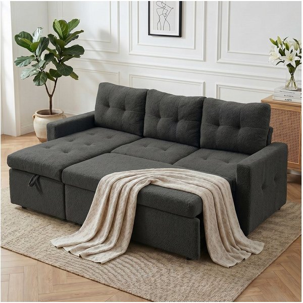 Jiexi Schlafsofa Ecksofa mit Schlaffunktion Teddy-Fleece L-Form Sofa Bettkasten