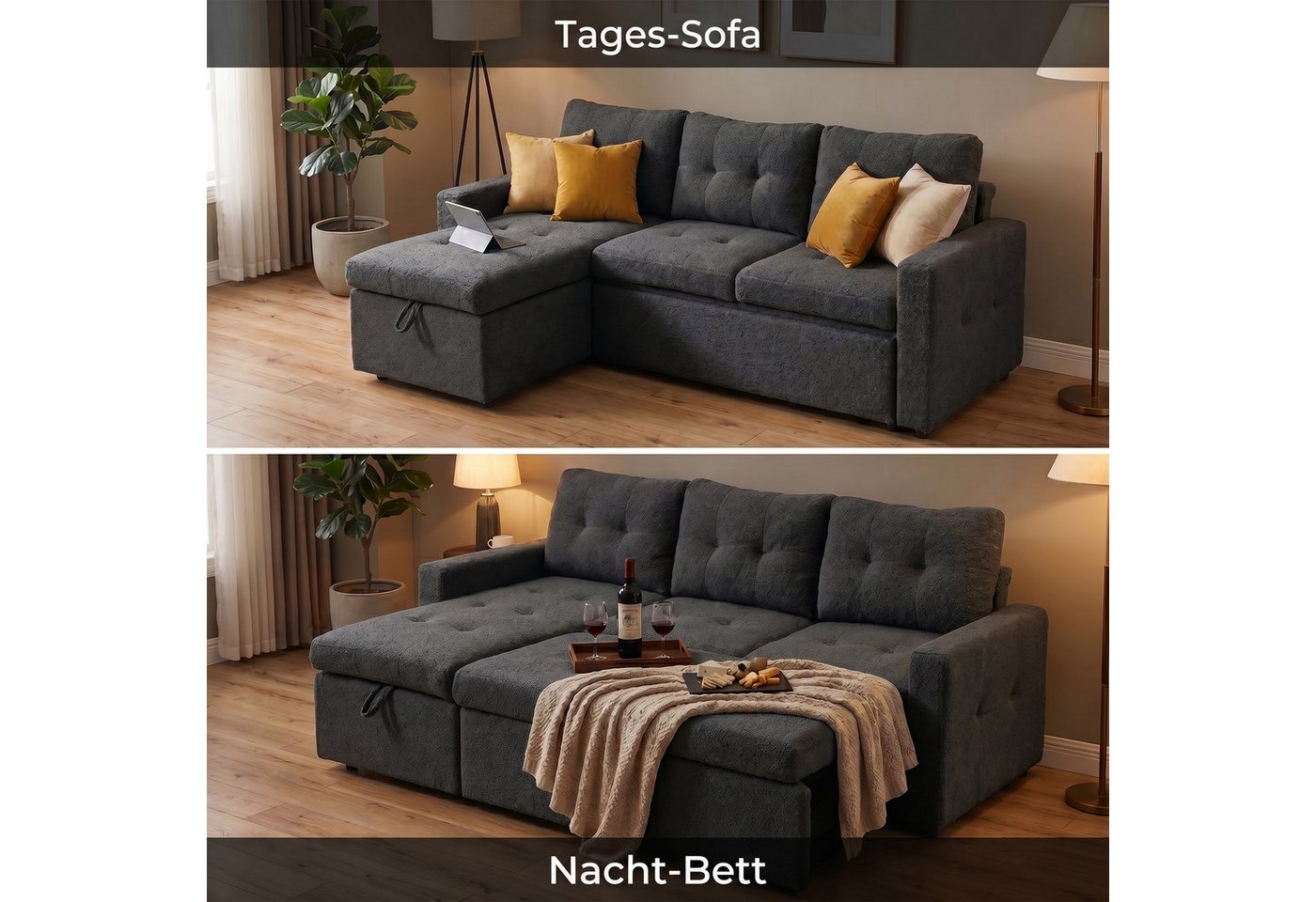 Jiexi Schlafsofa Ecksofa mit Schlaffunktion Teddy-Fleece L-Form Sofa Bettkasten – Bild 2 von 5