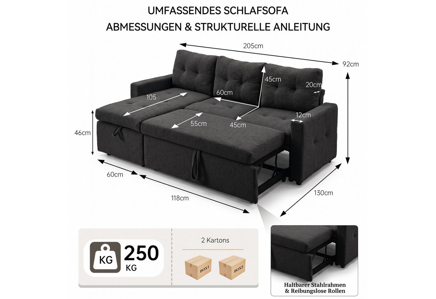 Jiexi Schlafsofa Ecksofa mit Schlaffunktion Teddy-Fleece L-Form Sofa Bettkasten – Bild 3 von 5
