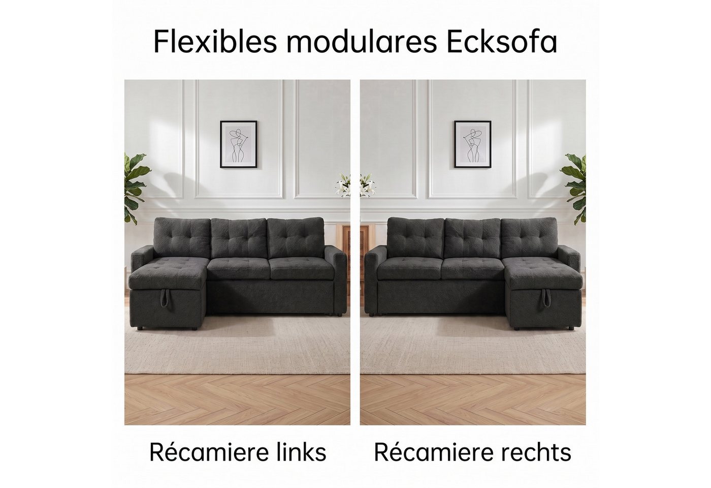 Jiexi Schlafsofa Ecksofa mit Schlaffunktion Teddy-Fleece L-Form Sofa Bettkasten – Bild 4 von 5
