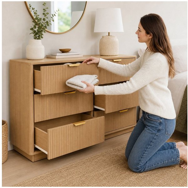 Jiexi Sideboard Sideboard 137cm in Eiche-Optik, Kommode mit 6 geräumigen Schubladen