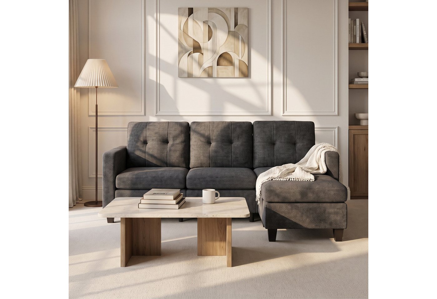 Jiexi Sofa Sofa Ecksofa 2-Sitzer / 3-Sitzer mit Hocker L-Form Couch Stoff – Bild 2 von 5