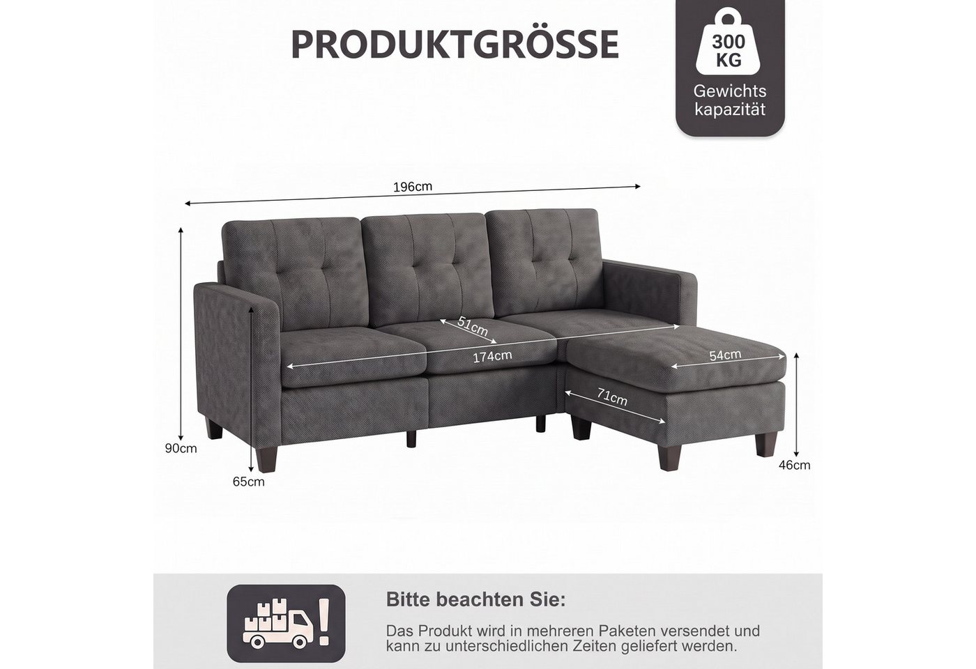 Jiexi Sofa Sofa Ecksofa 2-Sitzer / 3-Sitzer mit Hocker L-Form Couch Stoff – Bild 3 von 5