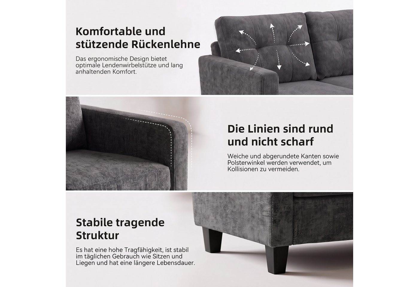 Jiexi Sofa Sofa Ecksofa 2-Sitzer / 3-Sitzer mit Hocker L-Form Couch Stoff – Bild 5 von 5