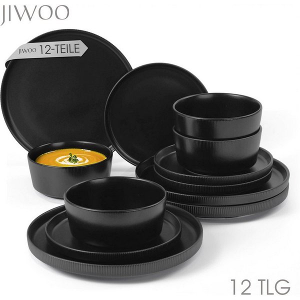 JIWOO Geschirr-Set 12tlg Kombiservice Teller-Set Tafelservice Schüssel-Set Speiseteller (12-tlg), 4 Personen, Keramik, Hochwertiges Geschirr set Schwarz Mikrowe
