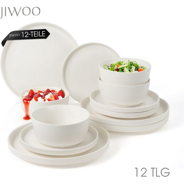 JIWOO Geschirr-Set 12tlg Kombiservice Teller-Set Tafelservice Schüssel-Set Speiseteller (12-tlg), 4 Personen, Keramik, Hochwertiges Geschirr set Weiß Mikrowelle